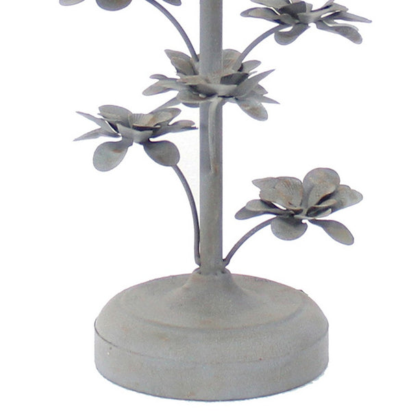 Flower Tree Design Metal Table Lamp with Tapered Drum Shade, Gray and Beige - BM217241