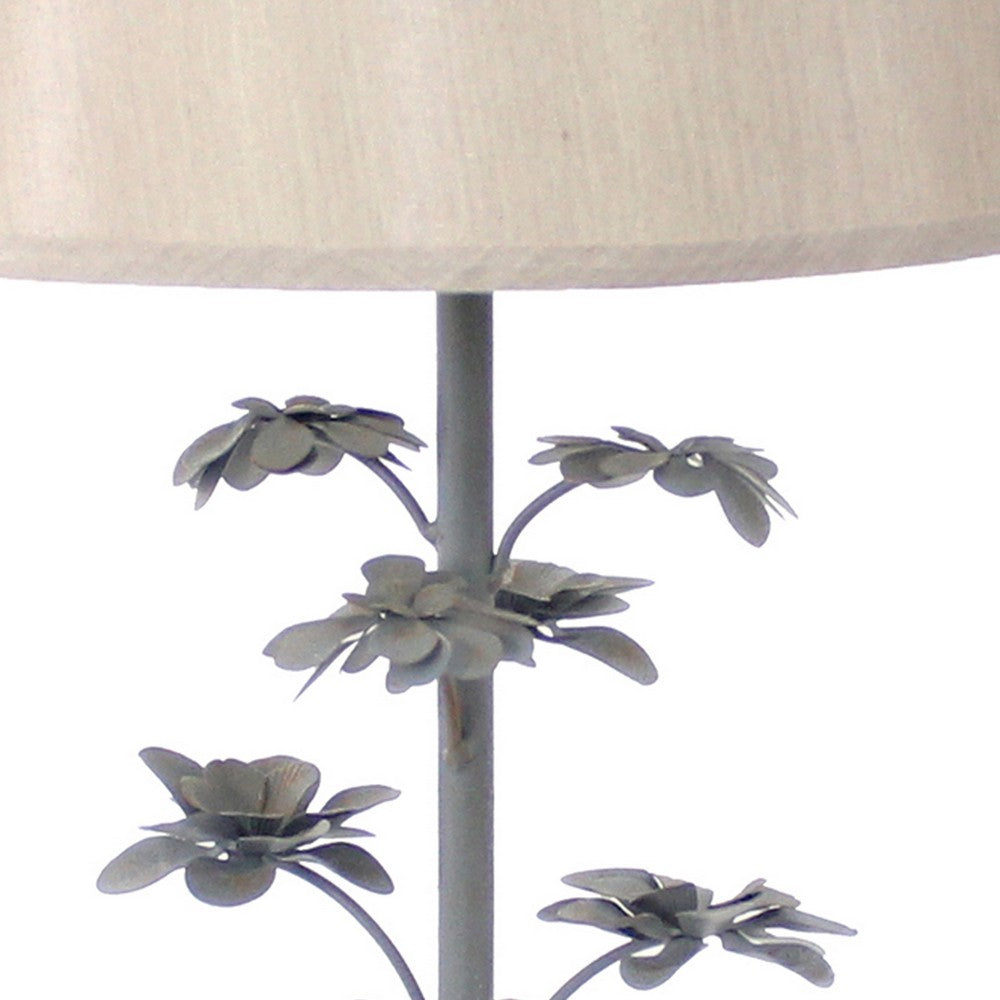 Flower Tree Design Metal Table Lamp with Tapered Drum Shade, Gray and Beige - BM217241