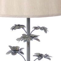 Flower Tree Design Metal Table Lamp with Tapered Drum Shade, Gray and Beige - BM217241