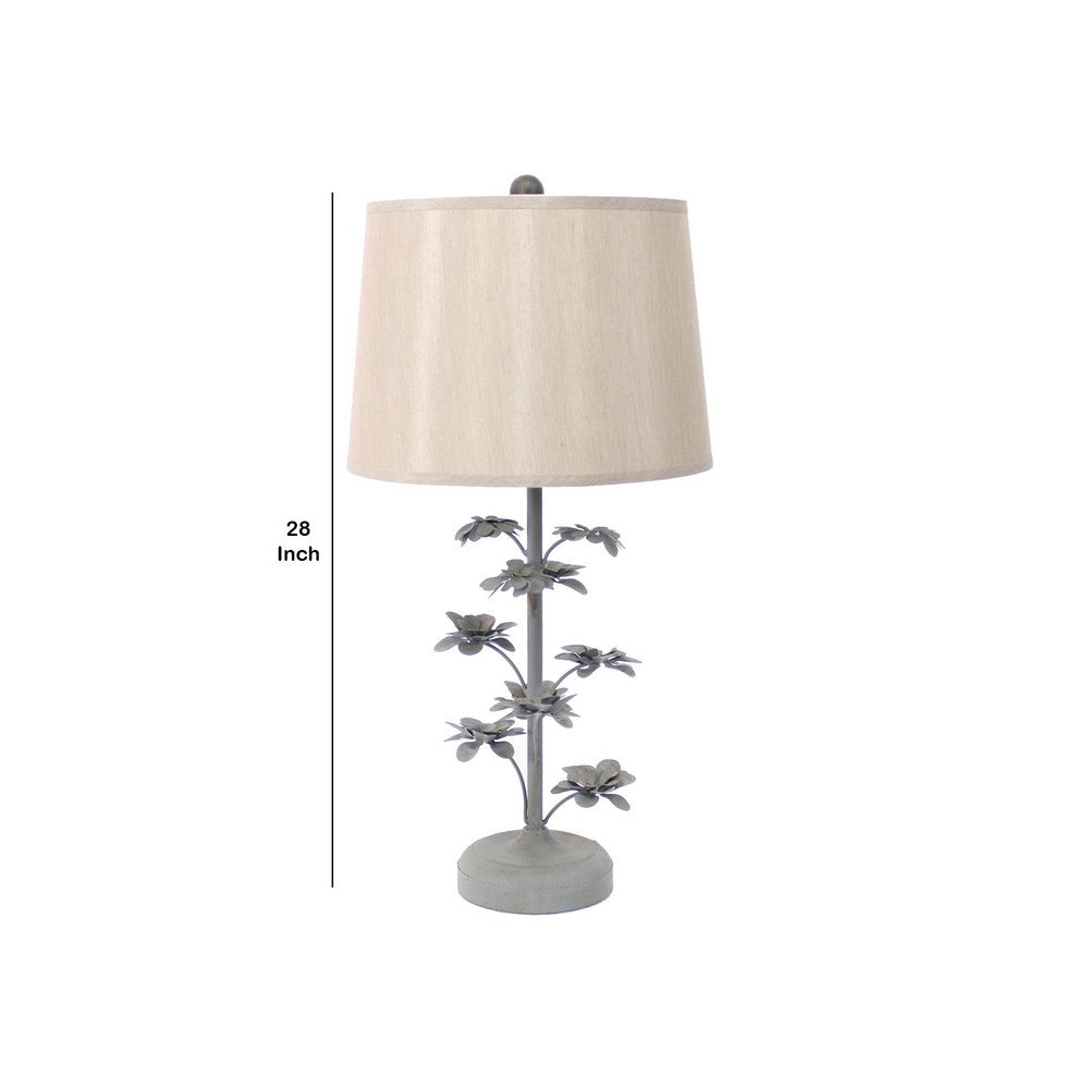 Flower Tree Design Metal Table Lamp with Tapered Drum Shade, Gray and Beige - BM217241