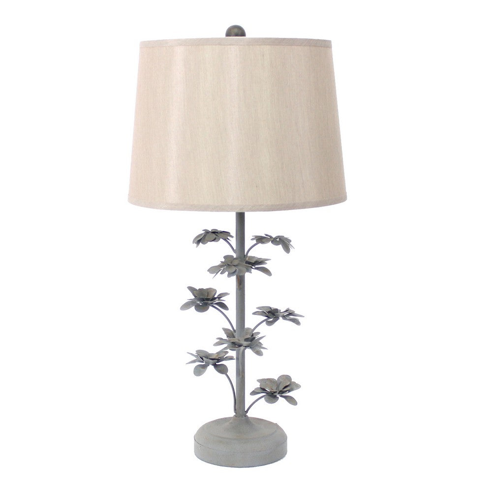 Flower Tree Design Metal Table Lamp with Tapered Drum Shade, Gray and Beige - BM217241