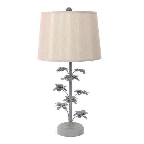Flower Tree Design Metal Table Lamp with Tapered Drum Shade, Gray and Beige - BM217241