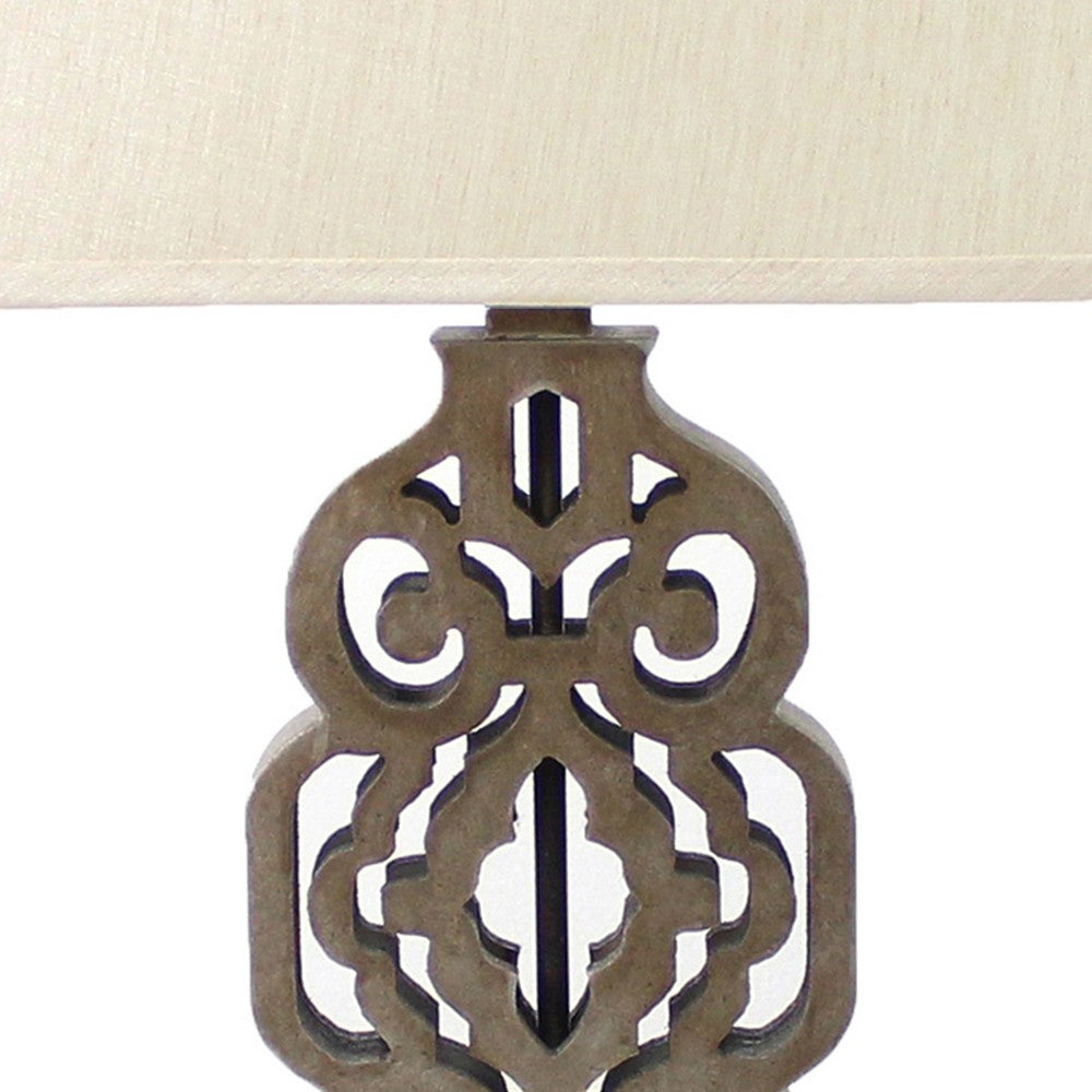 Metal Table Lamp with Trellis Design and Block Base, Brown and Beige - BM217242