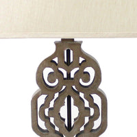 Metal Table Lamp with Trellis Design and Block Base, Brown and Beige - BM217242