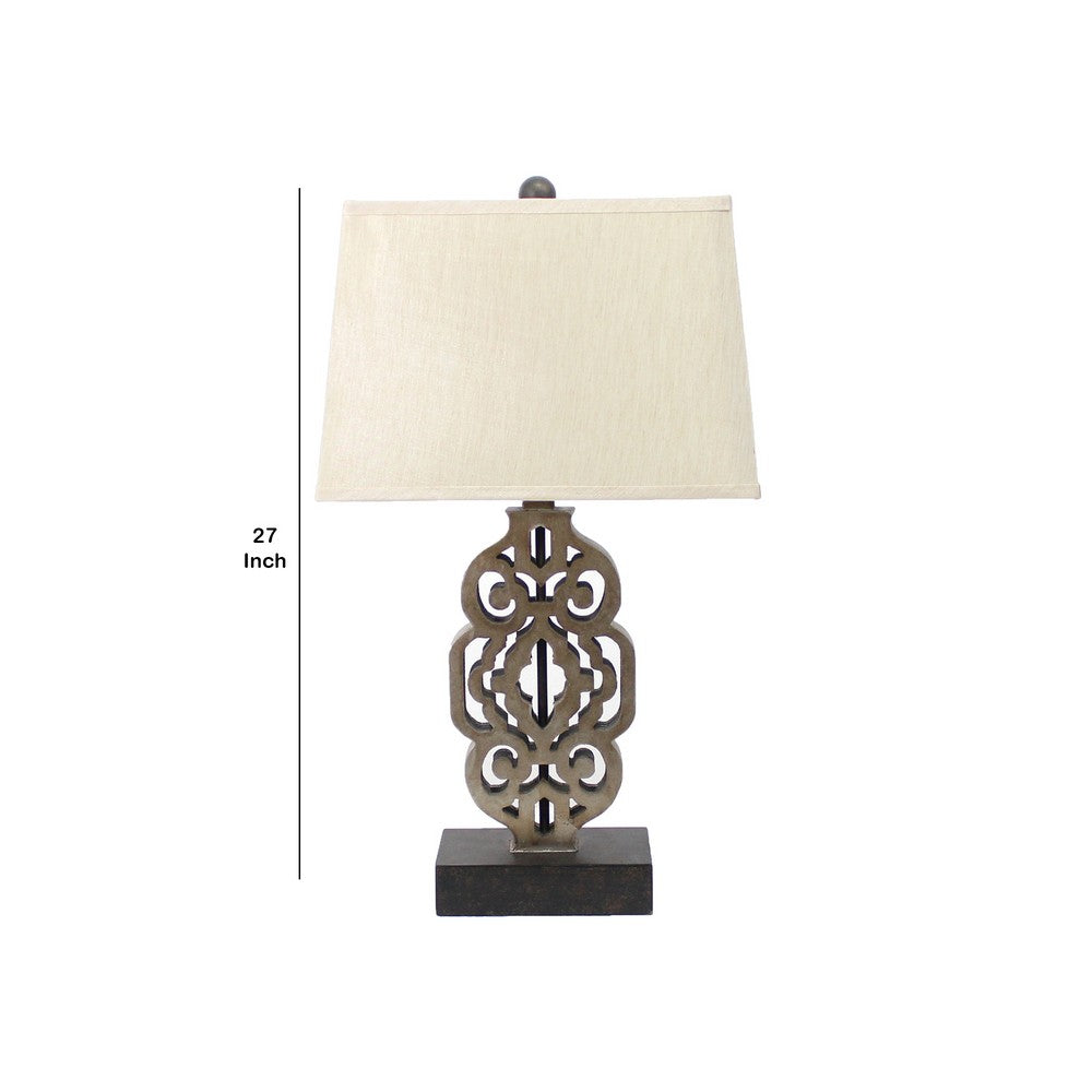 Metal Table Lamp with Trellis Design and Block Base, Brown and Beige - BM217242