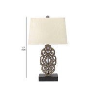 Metal Table Lamp with Trellis Design and Block Base, Brown and Beige - BM217242