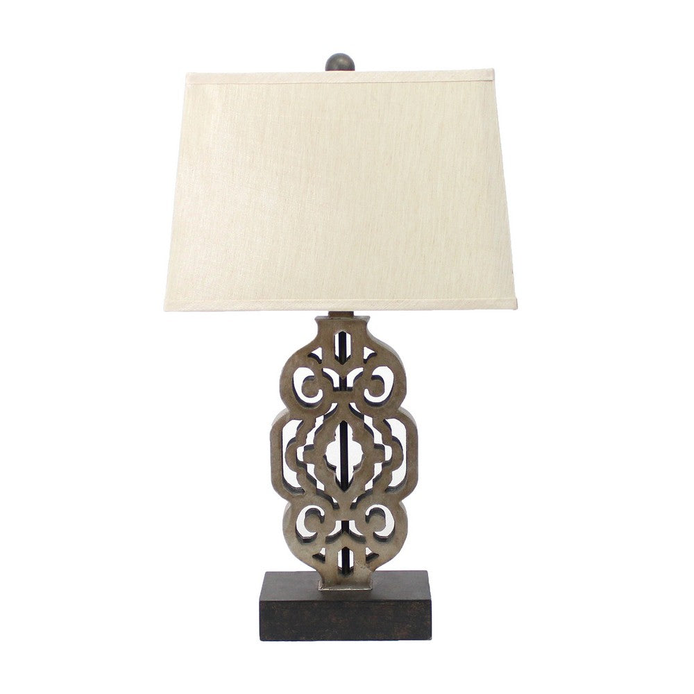 Metal Table Lamp with Trellis Design and Block Base, Brown and Beige - BM217242