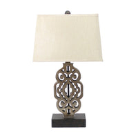 Metal Table Lamp with Trellis Design and Block Base, Brown and Beige - BM217242