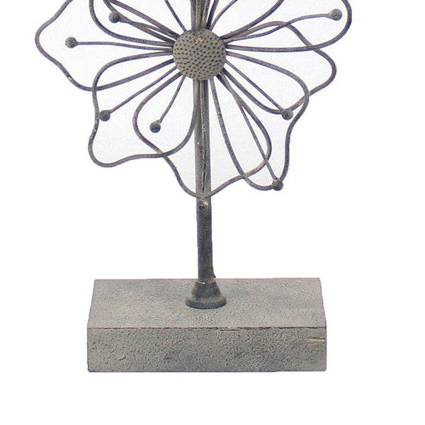 Metal Table Lamp with Flower Accent and Block Base,Beige and Gray - BM217243