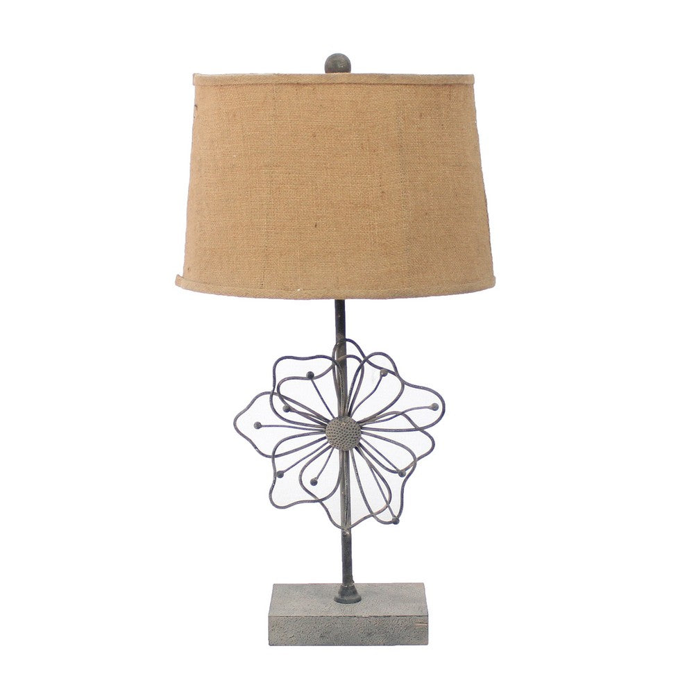 Metal Table Lamp with Flower Accent and Block Base,Beige and Gray - BM217243