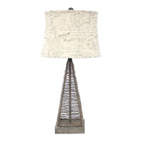 Metal Pyramid Base Table Lamp with Wire Design and Scripted Shade, Gray - BM217244