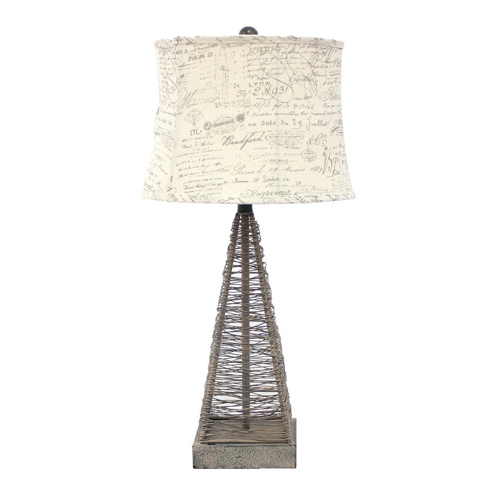 Metal Pyramid Base Table Lamp with Wire Design and Scripted Shade, Gray - BM217244