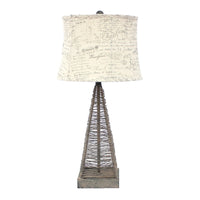Metal Pyramid Base Table Lamp with Wire Design and Scripted Shade, Gray - BM217244