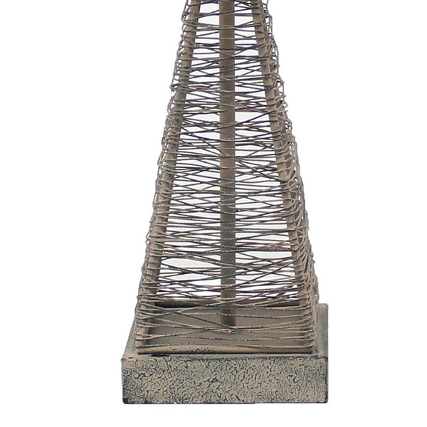 Metal Pyramid Base Table Lamp with Wire Design and Scripted Shade, Gray - BM217244
