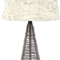 Metal Pyramid Base Table Lamp with Wire Design and Scripted Shade, Gray - BM217244
