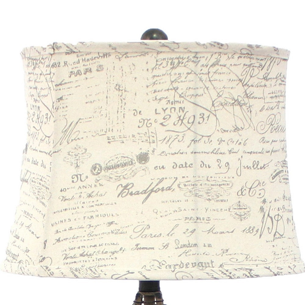 Metal Pyramid Base Table Lamp with Wire Design and Scripted Shade, Gray - BM217244