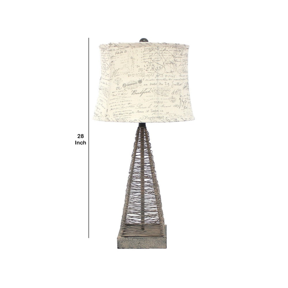 Metal Pyramid Base Table Lamp with Wire Design and Scripted Shade, Gray - BM217244