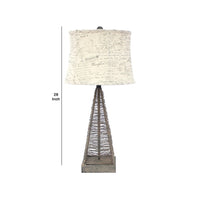 Metal Pyramid Base Table Lamp with Wire Design and Scripted Shade, Gray - BM217244