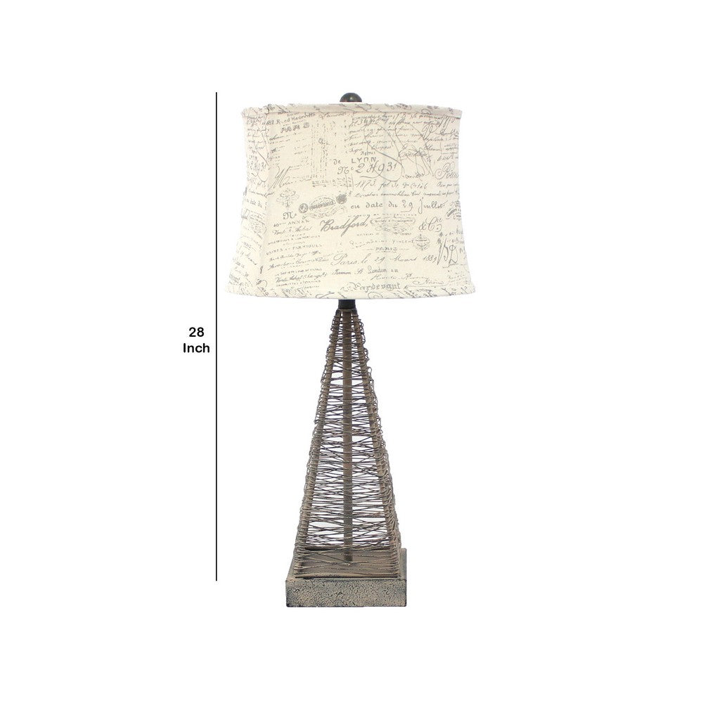 Metal Pyramid Base Table Lamp with Wire Design and Scripted Shade, Gray - BM217244