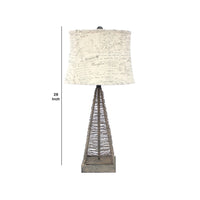 Metal Pyramid Base Table Lamp with Wire Design and Scripted Shade, Gray - BM217244