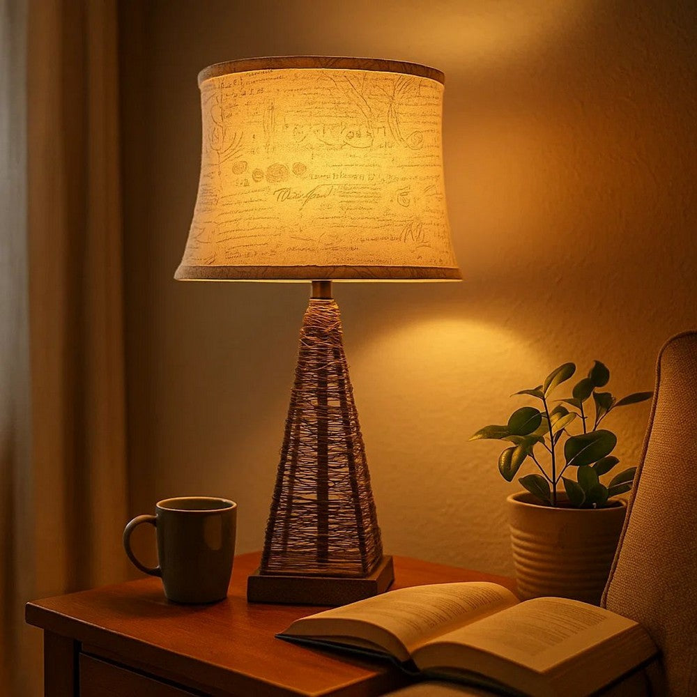 Metal Pyramid Base Table Lamp with Wire Design and Scripted Shade, Gray - BM217244