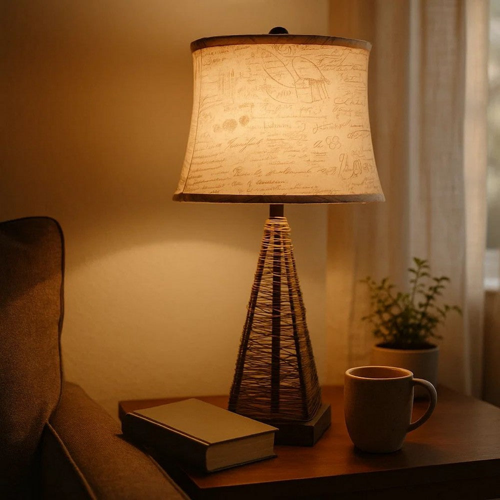 Metal Pyramid Base Table Lamp with Wire Design and Scripted Shade, Gray - BM217244