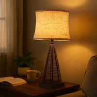 Metal Pyramid Base Table Lamp with Wire Design and Scripted Shade, Gray - BM217244