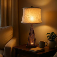 Metal Pyramid Base Table Lamp with Wire Design and Scripted Shade, Gray - BM217244