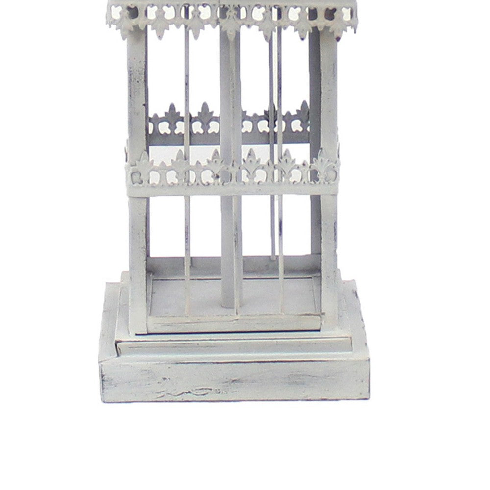Metal Temple Design Base Table Lamp with Fabric Shade, Beige and Gray - BM217245