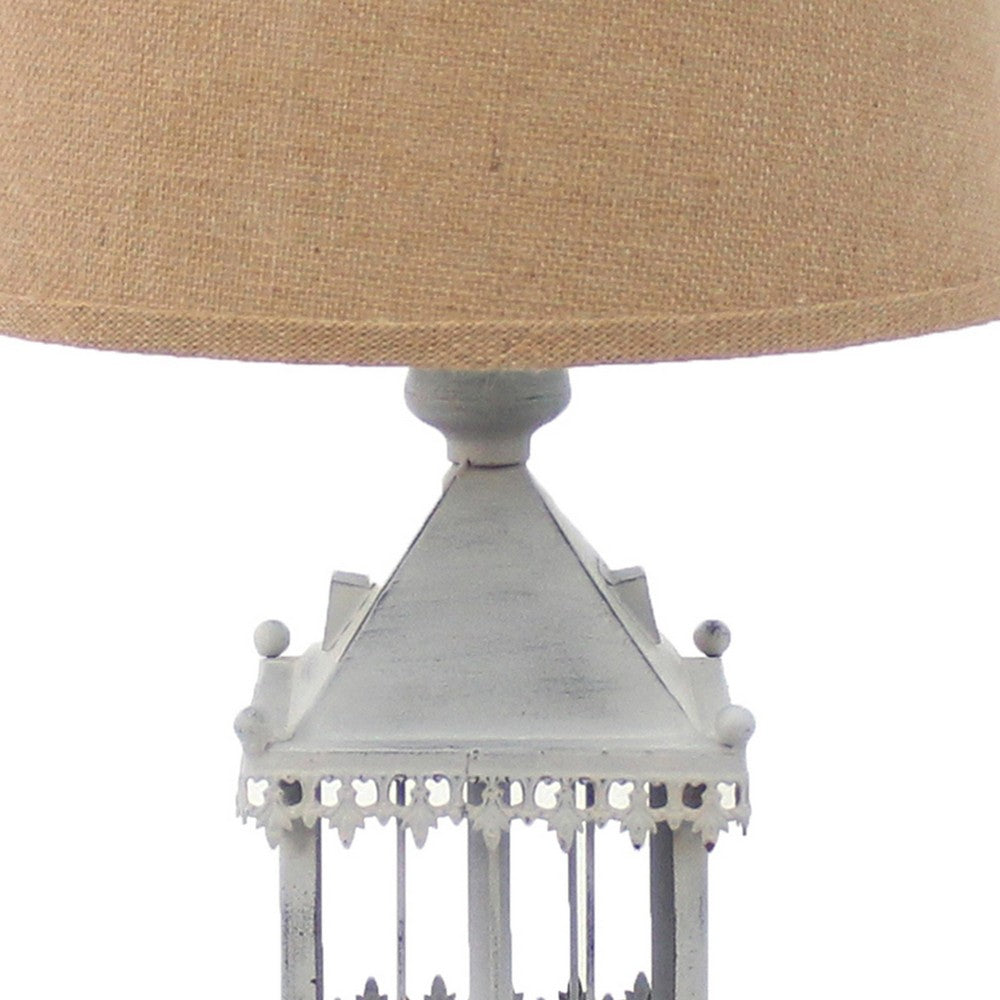 Metal Temple Design Base Table Lamp with Fabric Shade, Beige and Gray - BM217245