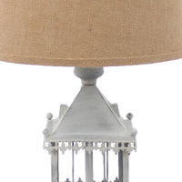 Metal Temple Design Base Table Lamp with Fabric Shade, Beige and Gray - BM217245