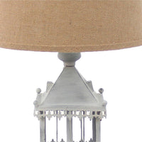 Metal Temple Design Base Table Lamp with Fabric Shade, Beige and Gray - BM217245