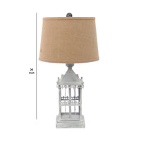 Metal Temple Design Base Table Lamp with Fabric Shade, Beige and Gray - BM217245