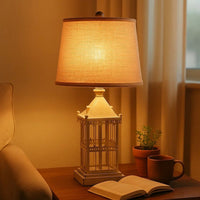 Metal Temple Design Base Table Lamp with Fabric Shade, Beige and Gray - BM217245