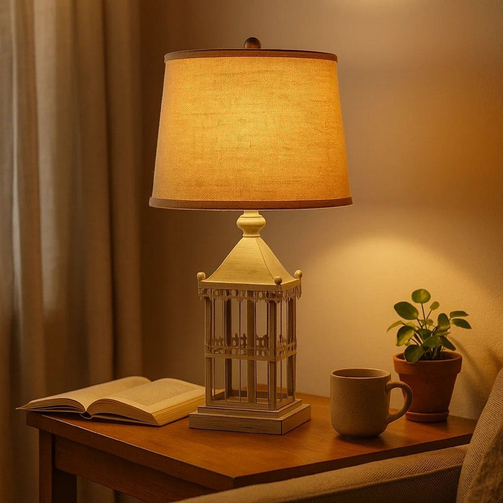 Metal Temple Design Base Table Lamp with Fabric Shade, Beige and Gray - BM217245