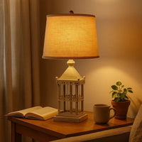 Metal Temple Design Base Table Lamp with Fabric Shade, Beige and Gray - BM217245