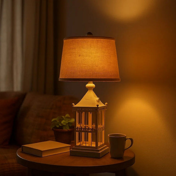 Metal Temple Design Base Table Lamp with Fabric Shade, Beige and Gray - BM217245