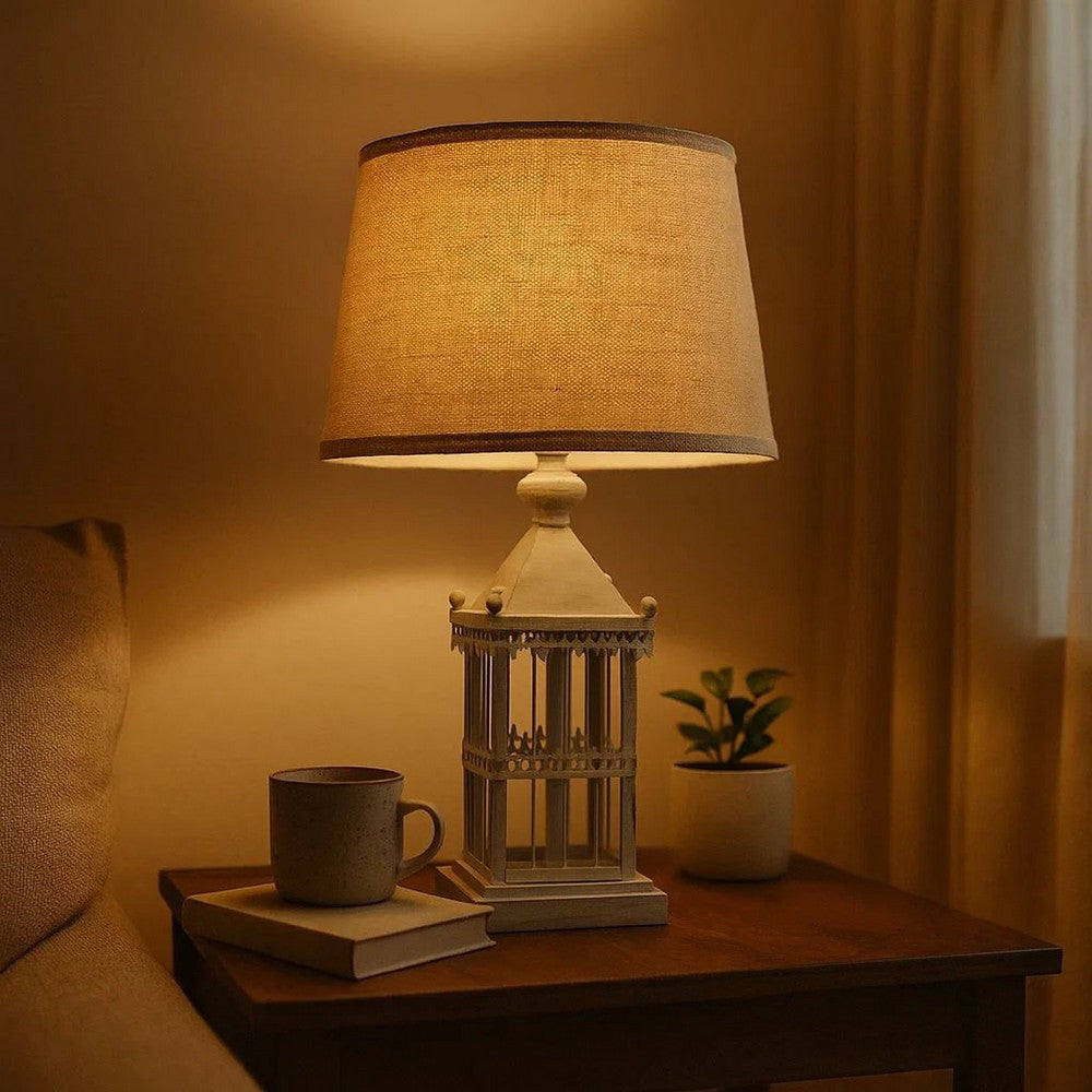 Metal Temple Design Base Table Lamp with Fabric Shade, Beige and Gray - BM217245