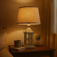 Metal Temple Design Base Table Lamp with Fabric Shade, Beige and Gray - BM217245