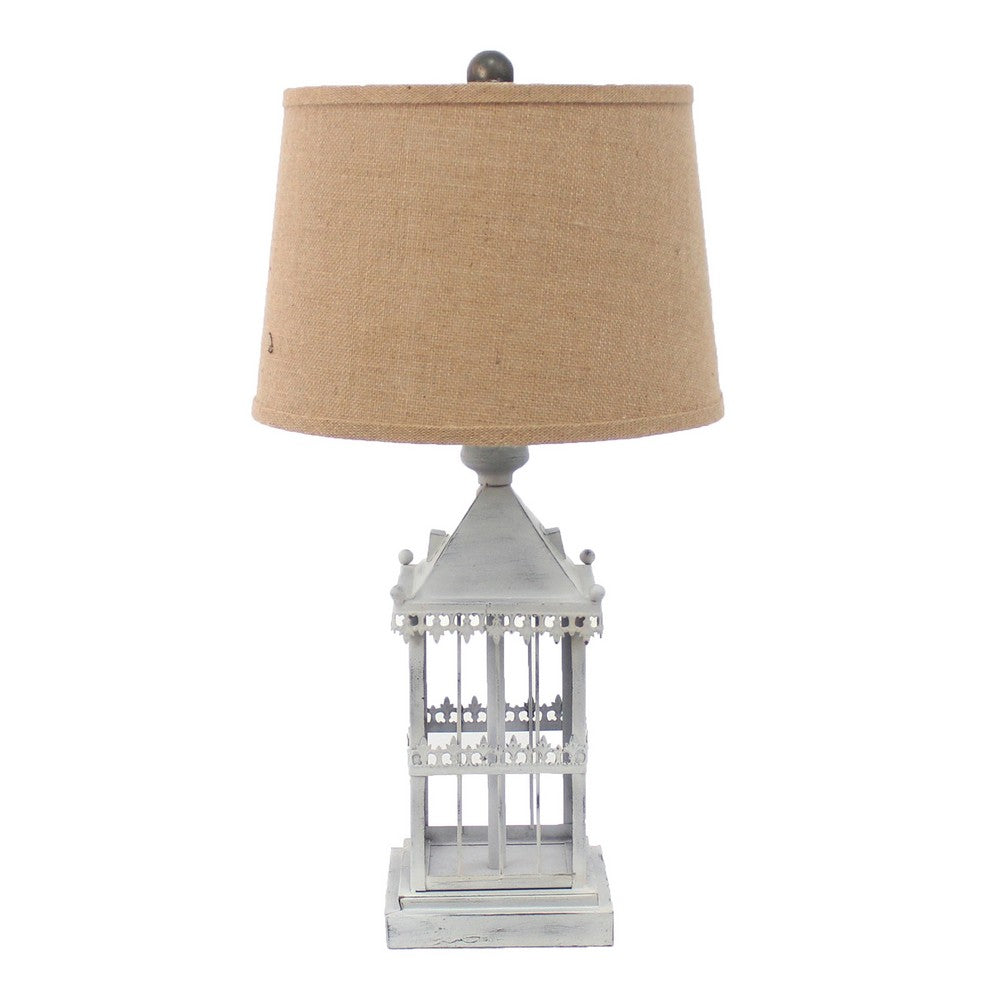 Metal Temple Design Base Table Lamp with Fabric Shade, Beige and Gray - BM217245