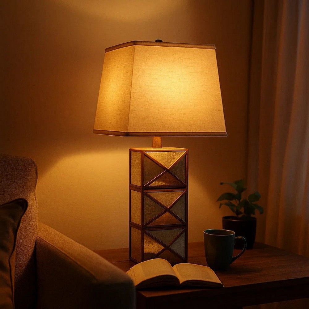 Metal Table Lamp with X Shape Design and Mirror Front,Multicolor - BM217246