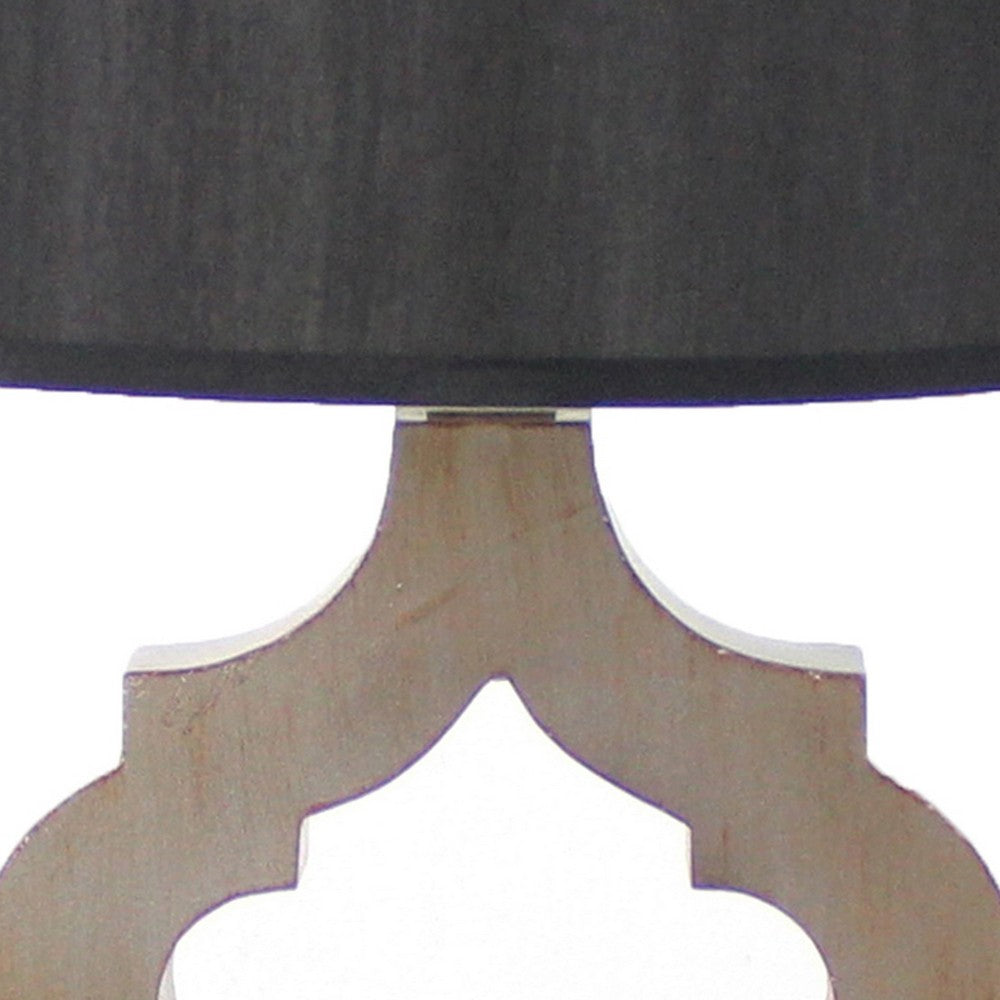 Wooden Table Lamp with Quatrefoil Design Base, Black and Antique White - BM217247