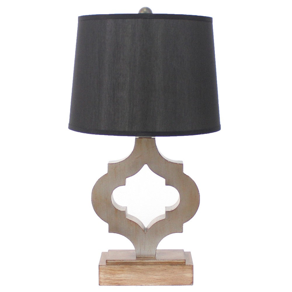 Wooden Table Lamp with Quatrefoil Design Base, Black and Antique White - BM217247