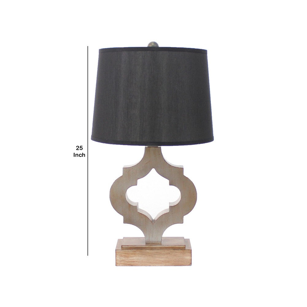 Wooden Table Lamp with Quatrefoil Design Base, Black and Antique White - BM217247