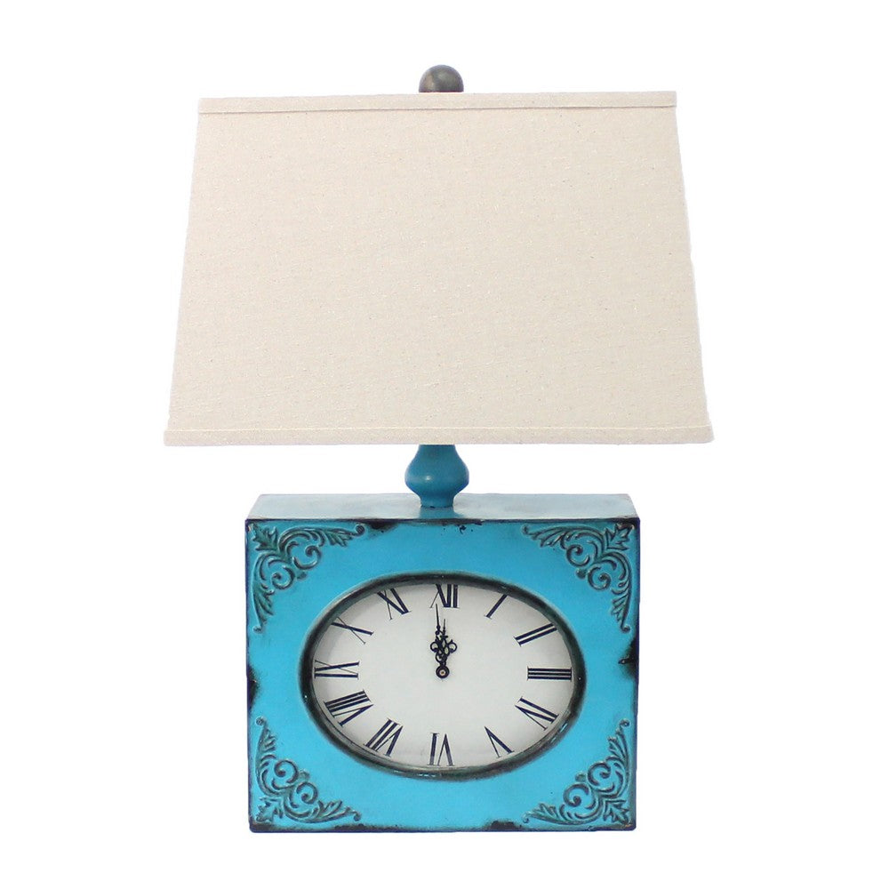 Clock Design Metal Table Lamp with Tapered Shade, Blue and Beige - BM217250