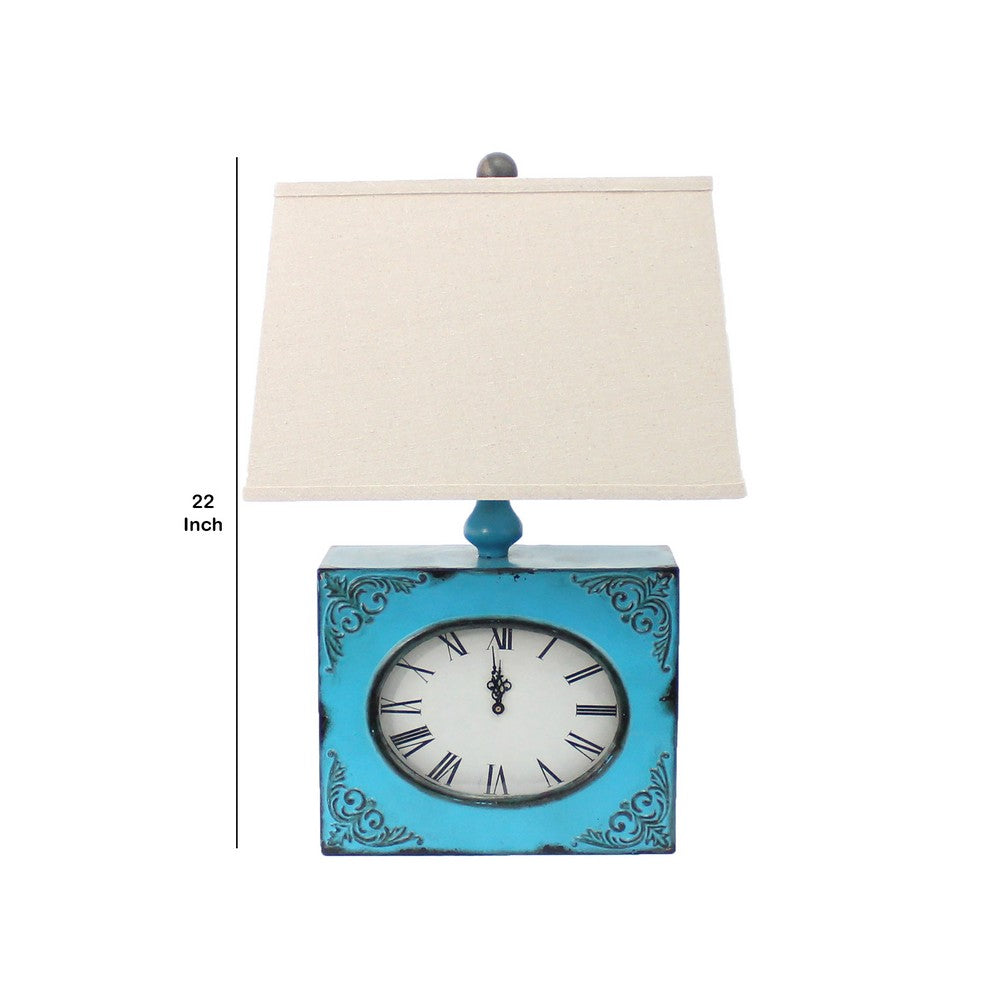 Clock Design Metal Table Lamp with Tapered Shade, Blue and Beige - BM217250