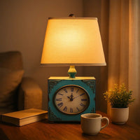 Clock Design Metal Table Lamp with Tapered Shade, Blue and Beige - BM217250