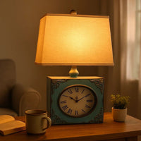 Clock Design Metal Table Lamp with Tapered Shade, Blue and Beige - BM217250