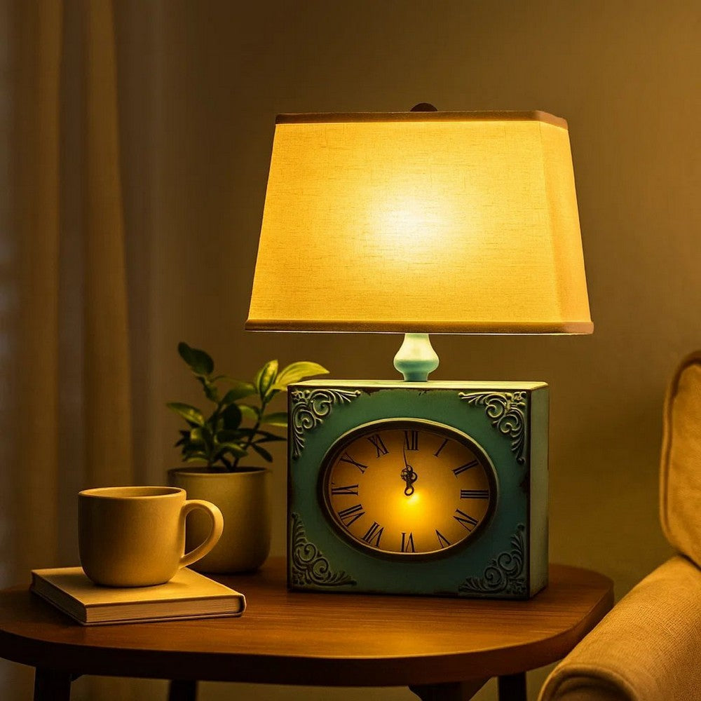 Clock Design Metal Table Lamp with Tapered Shade, Blue and Beige - BM217250