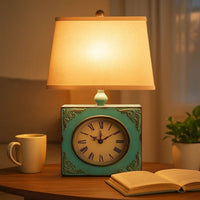 Clock Design Metal Table Lamp with Tapered Shade, Blue and Beige - BM217250
